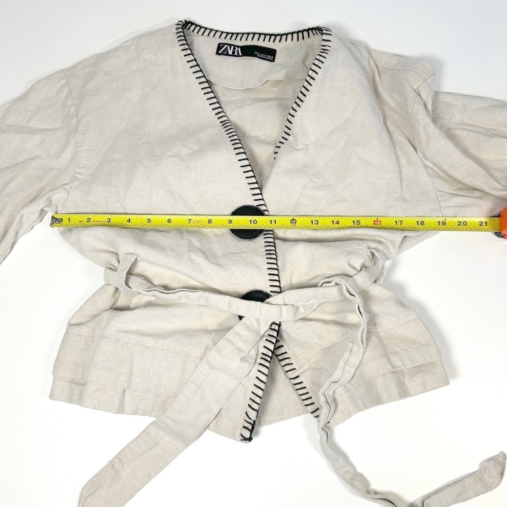 ZARA Med Kimono Jacket Cream Balloon Sleeve Belted Button lagenlook cotton linen - Picture 3 of 10
